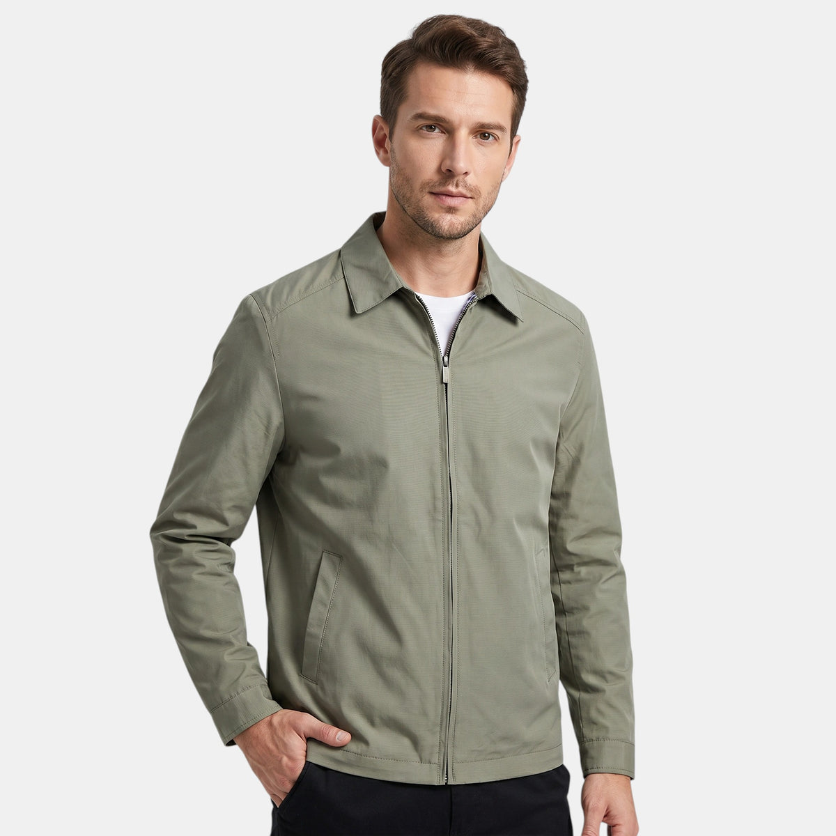 Men's Zip Front Jacket with Point Collar and Side Pockets