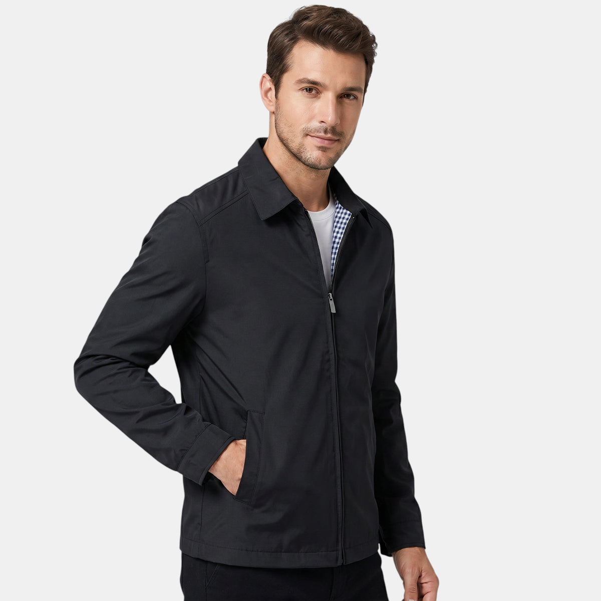 Men's Zip Front Jacket with Point Collar and Side Pockets