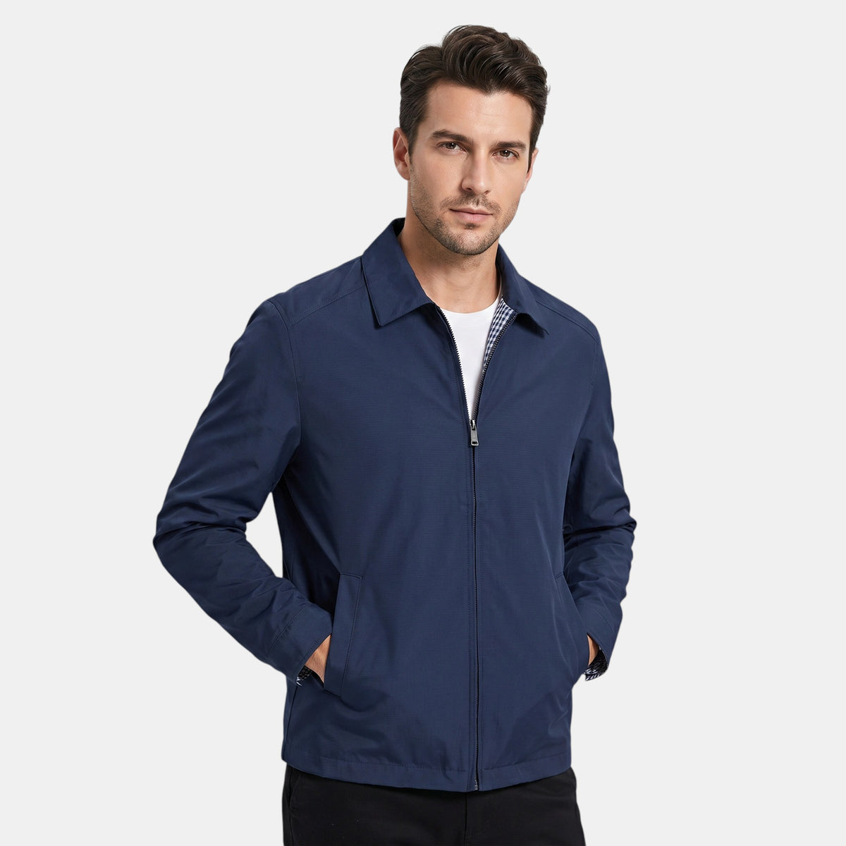 Men's Zip Front Jacket with Point Collar and Side Pockets