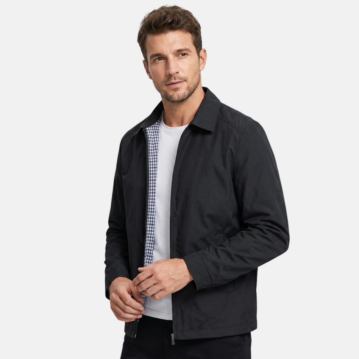 Men's Zip Front Jacket with Point Collar and Side Pockets