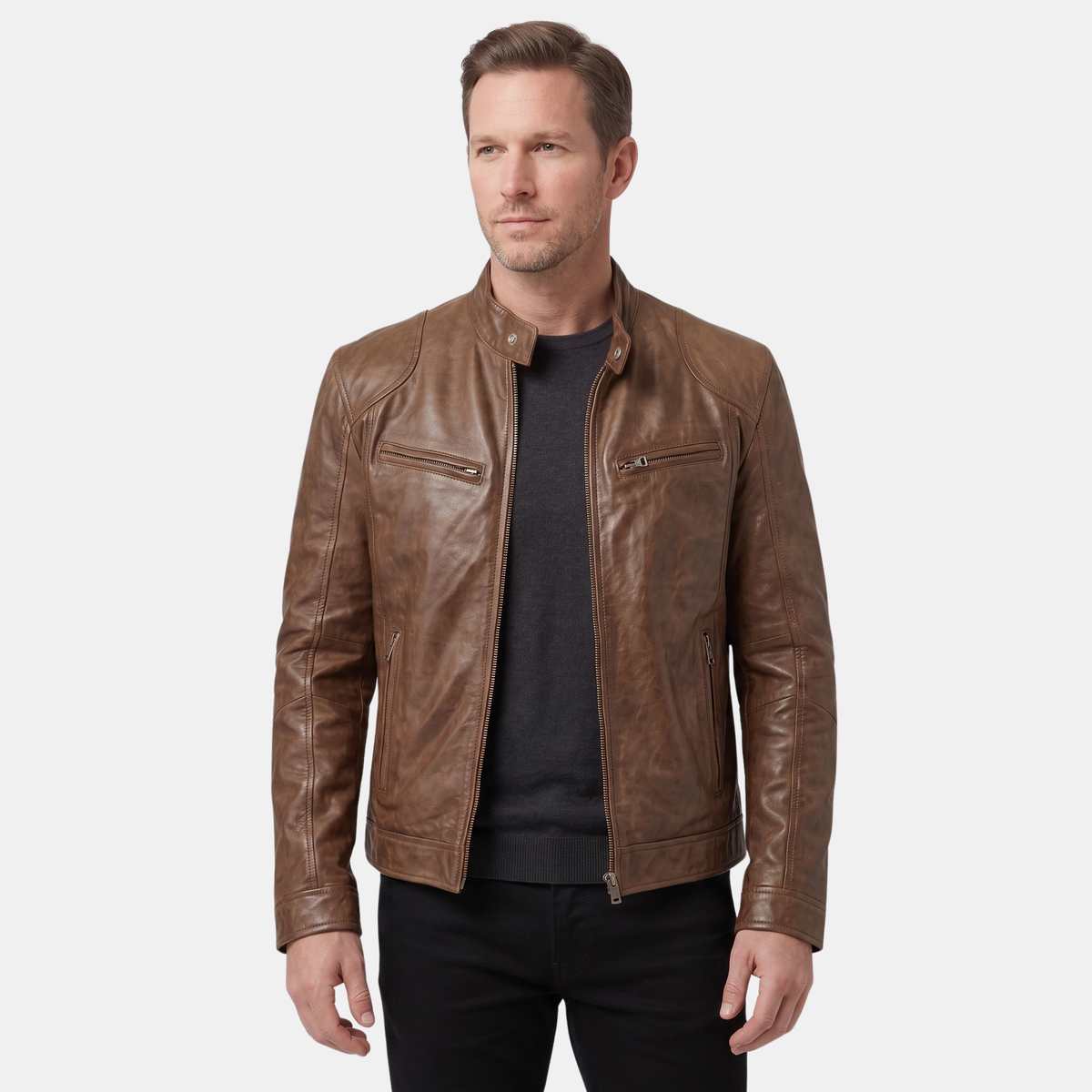 Veste motard pour homme avec col montant et fermeture zippée