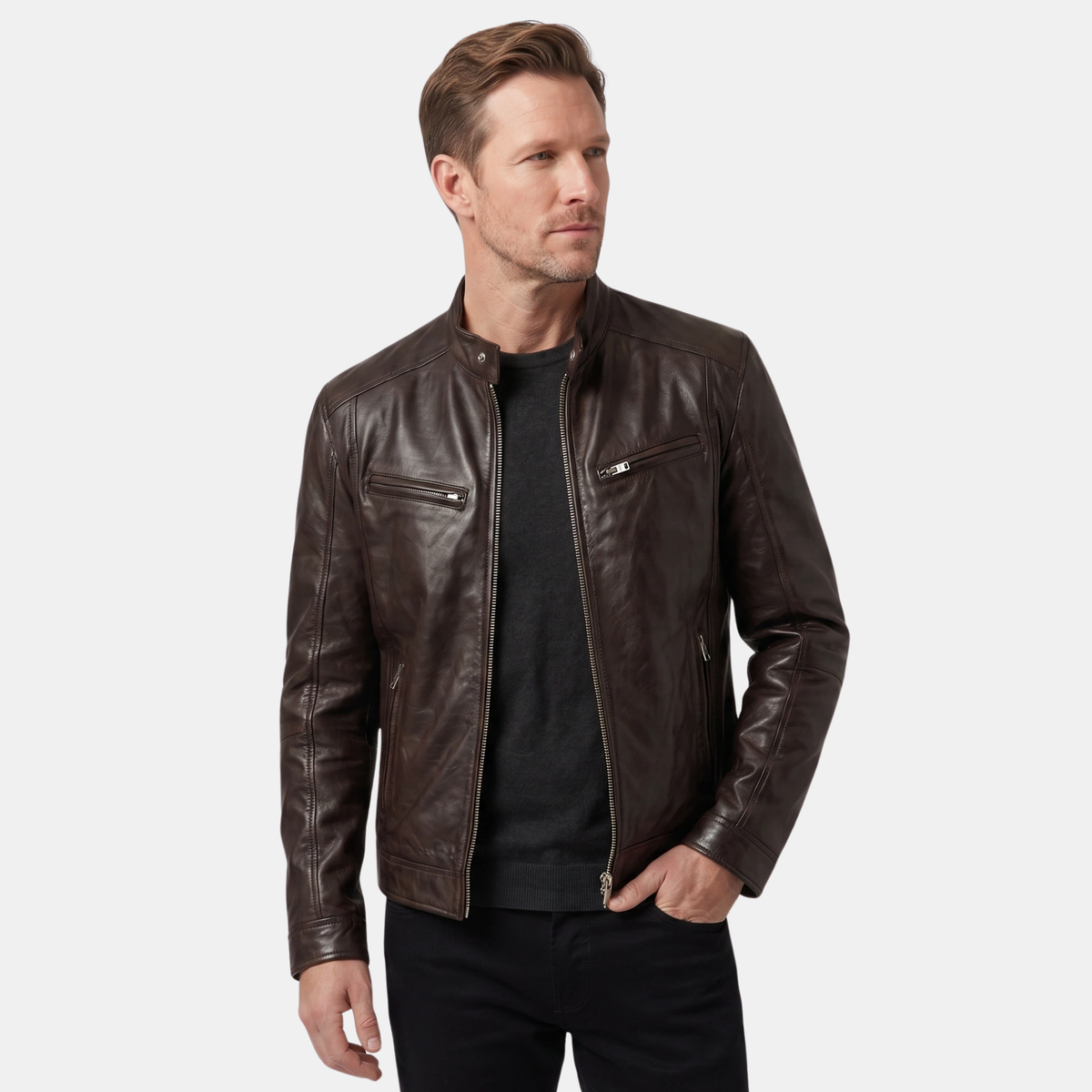 Veste motard pour homme avec col montant et fermeture zippée