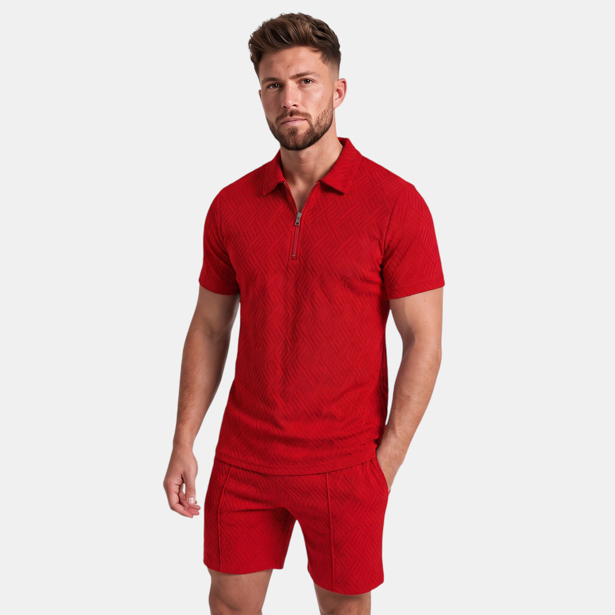 Men's Zip Neck Polo Shirt and Shorts Set with Textured Finish