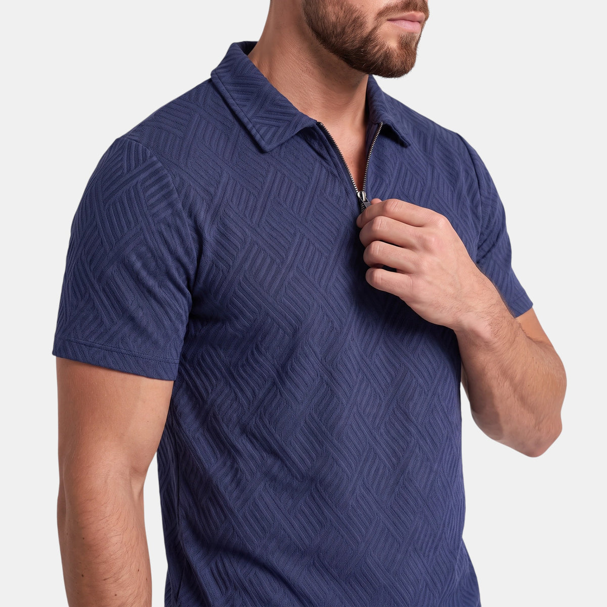 Men's Zip Neck Polo Shirt and Shorts Set with Textured Finish