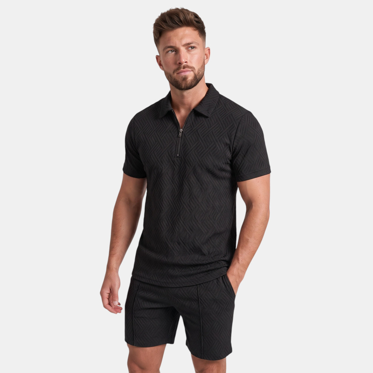 Men's Zip Neck Polo Shirt and Shorts Set with Textured Finish