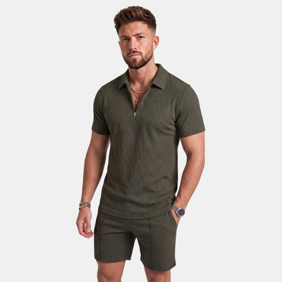 Men's Zip Neck Polo Shirt and Shorts Set with Textured Finish