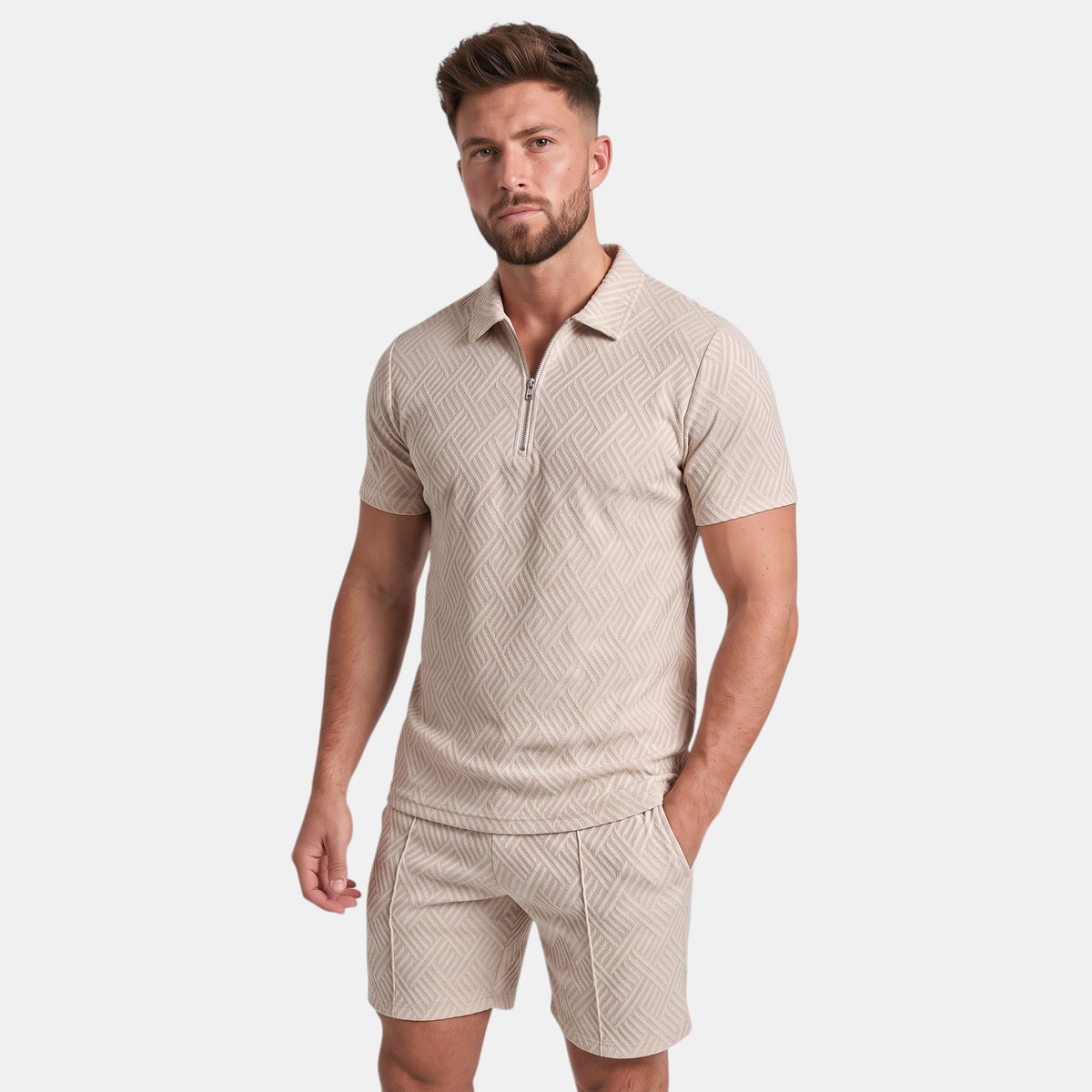 Men's Zip Neck Polo Shirt and Shorts Set with Textured Finish