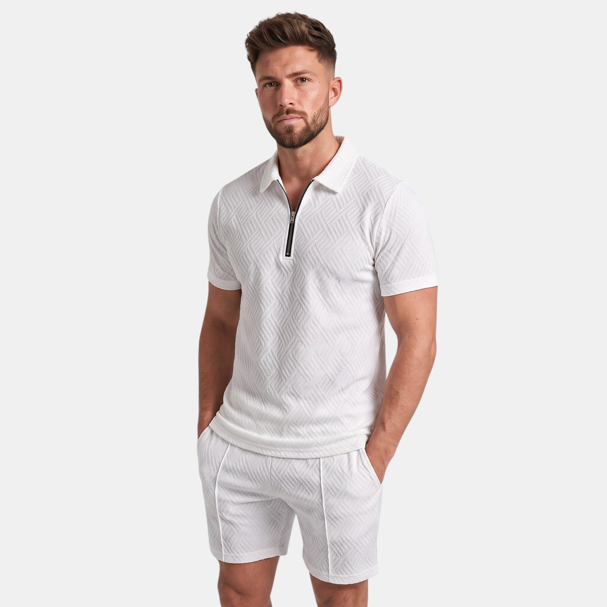 Men's Zip Neck Polo Shirt and Shorts Set with Textured Finish