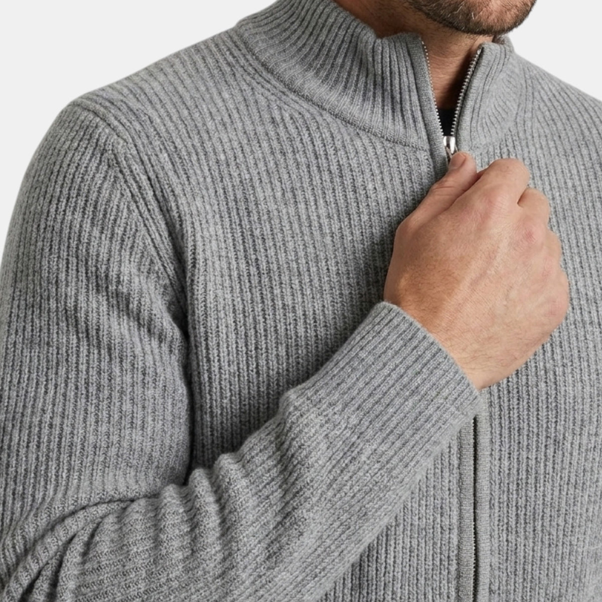 Men's Zip Up Cardigan with Ribbed Knit and High Neck