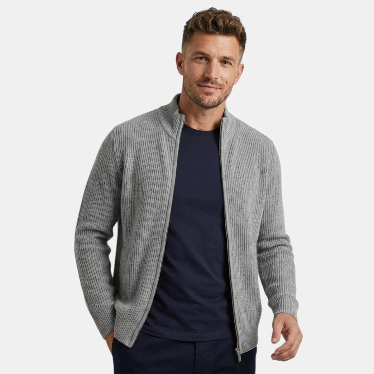 Men's Zip Up Cardigan with Ribbed Knit and High Neck