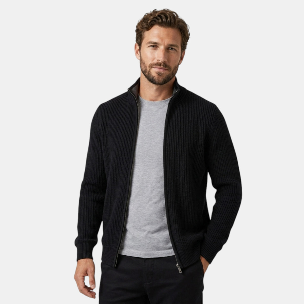 Men's Zip Up Cardigan with Ribbed Knit and High Neck
