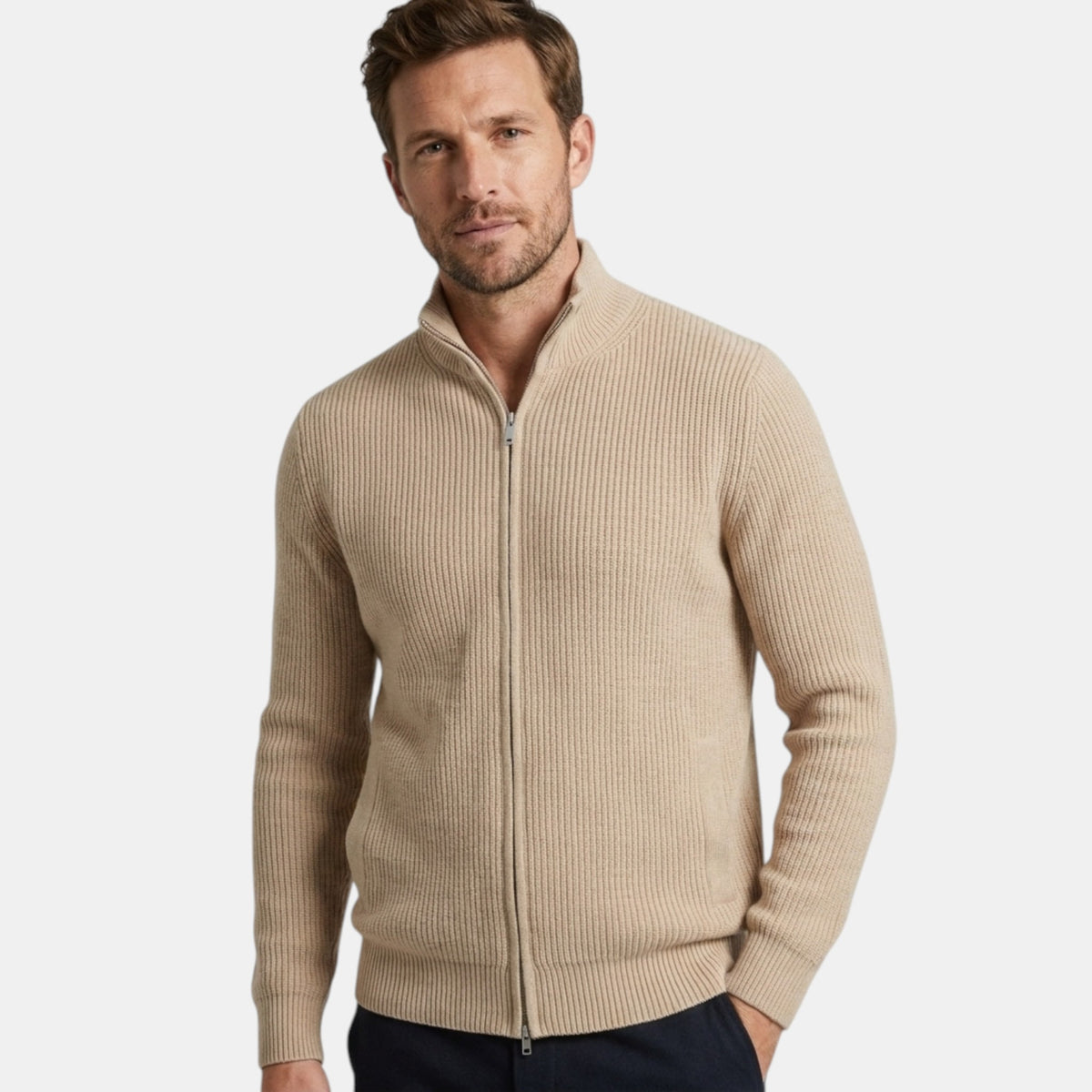 Men's Zip Up Cardigan with Ribbed Knit and High Neck