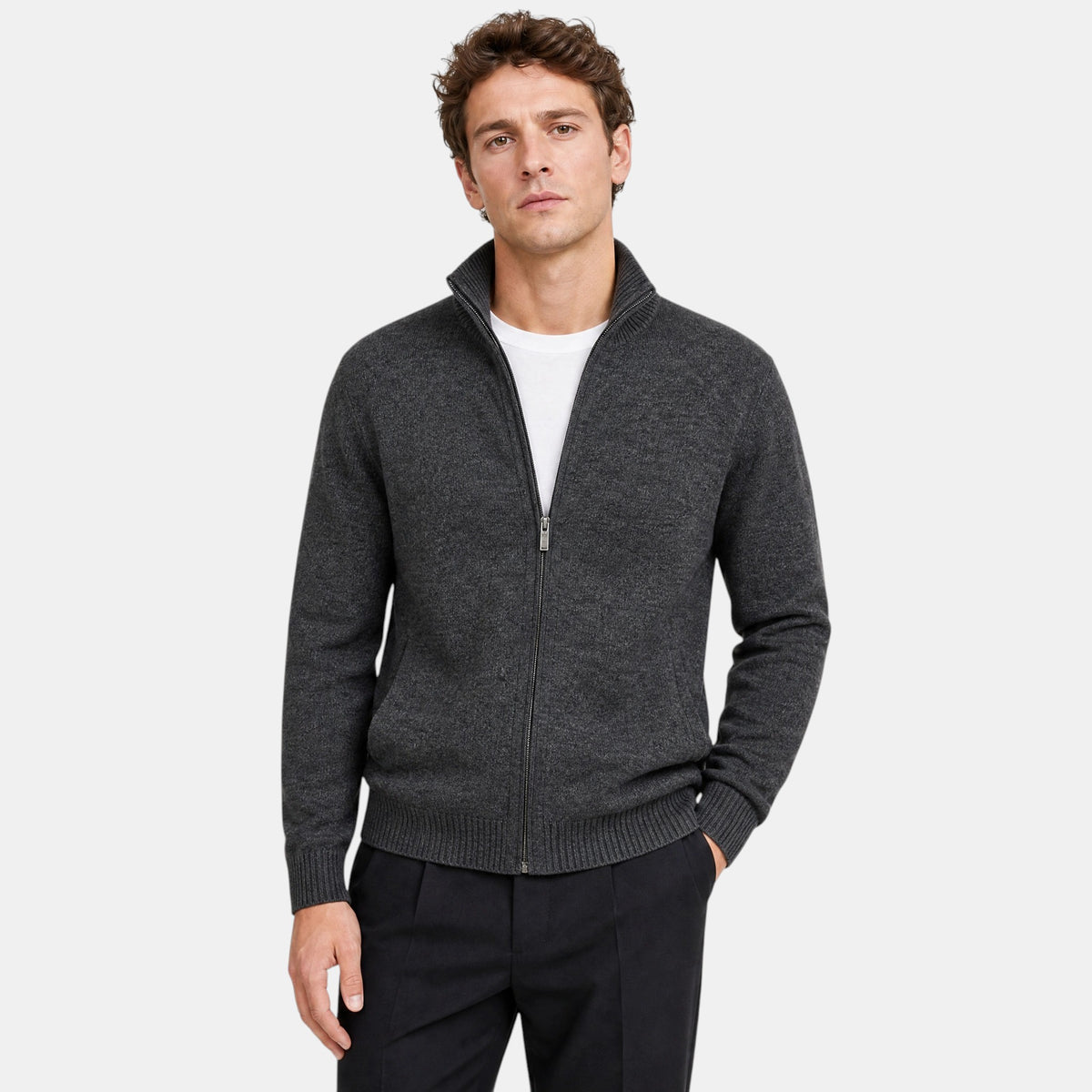 Men's Zip Up Cardigan with Stand Collar and Ribbed Cuffs