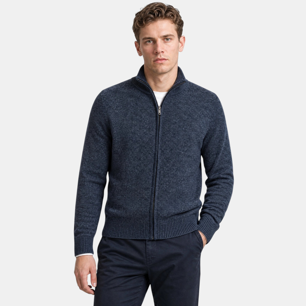 Men's Zip Up Cardigan with Stand Collar and Ribbed Cuffs