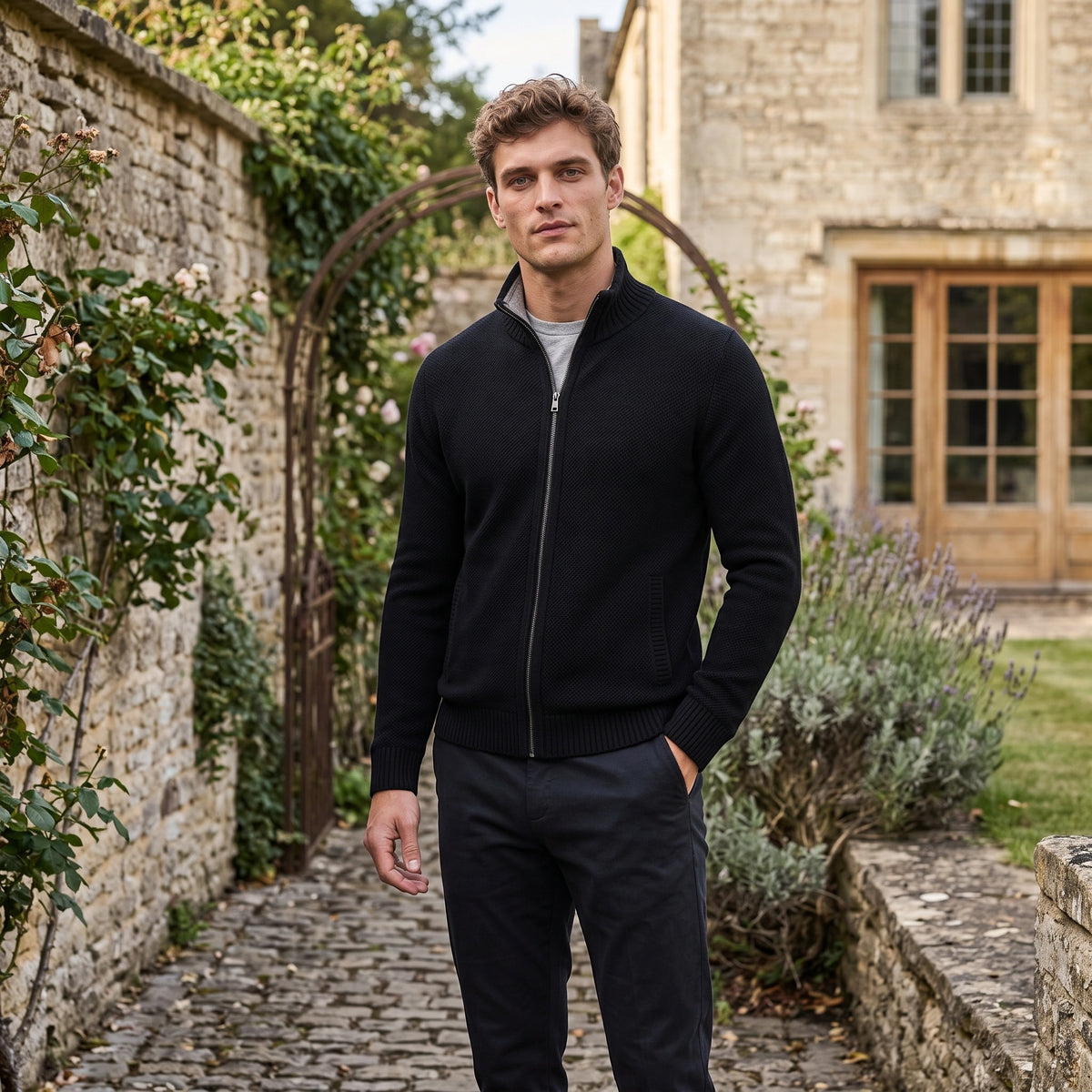 Men's Zip Up Cardigan with Stand Collar and Ribbed Cuffs