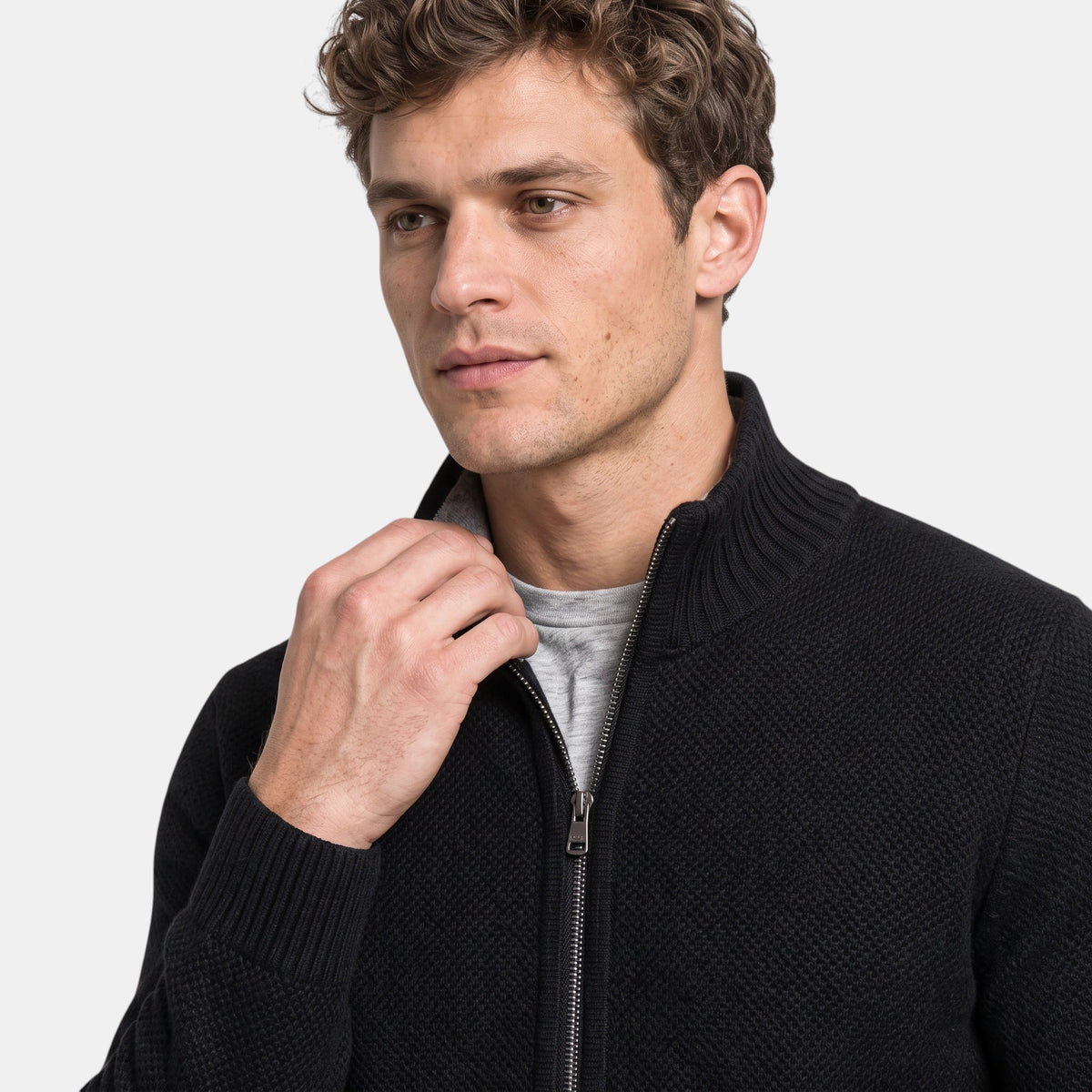 Men's Zip Up Cardigan with Stand Collar and Ribbed Cuffs