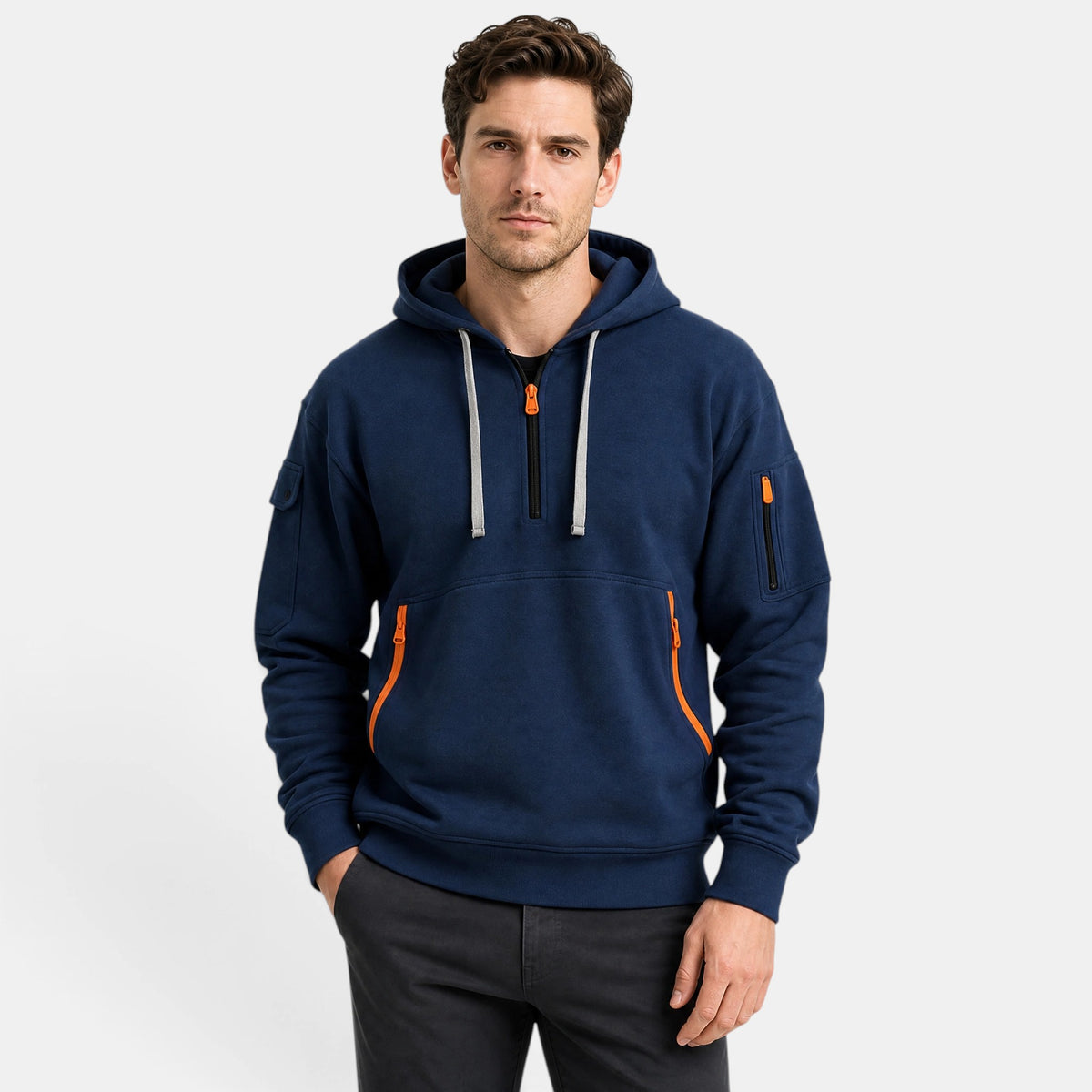 Men's Zip Up Hoodie with Drawstring Hood and Front Pockets