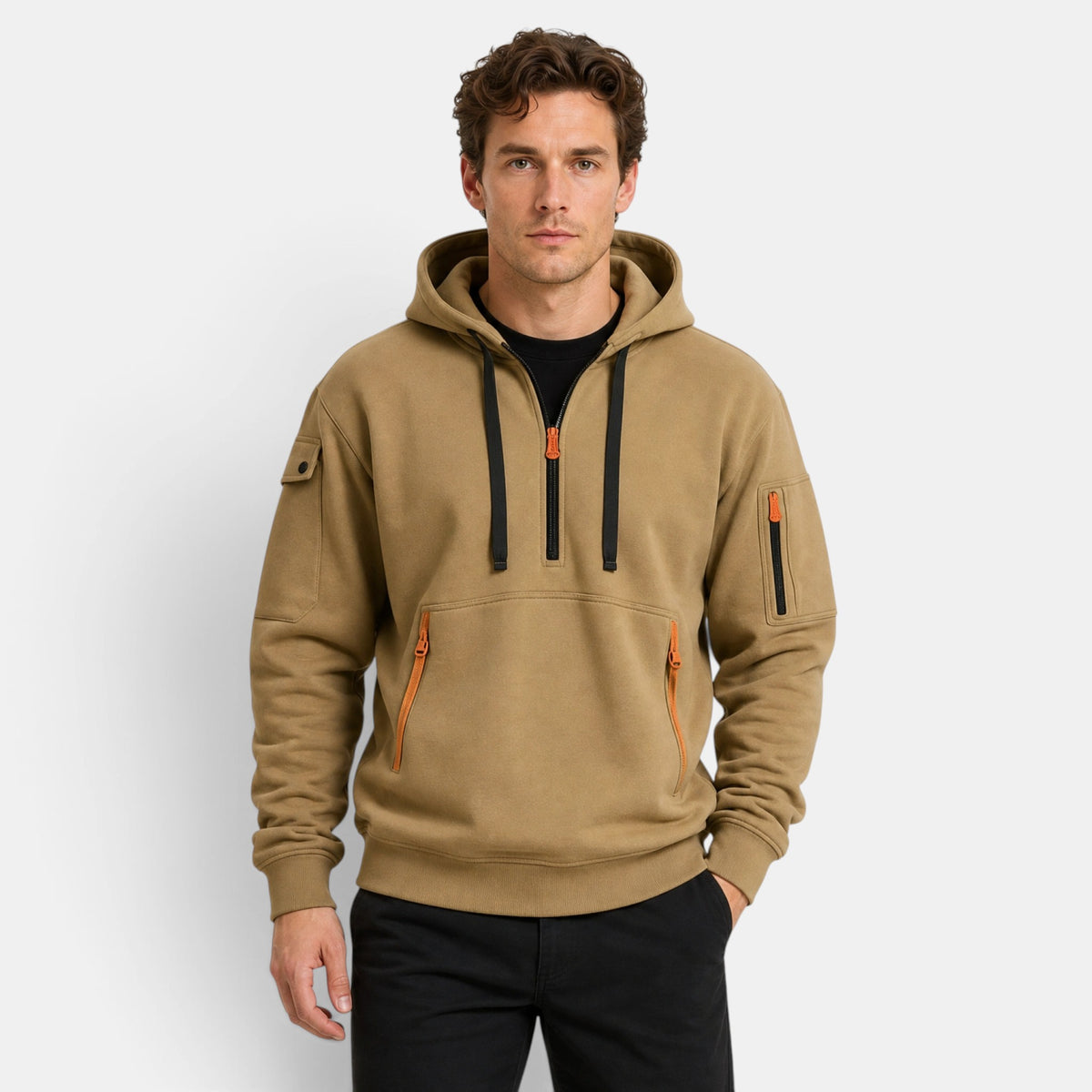Men's Zip Up Hoodie with Drawstring Hood and Front Pockets
