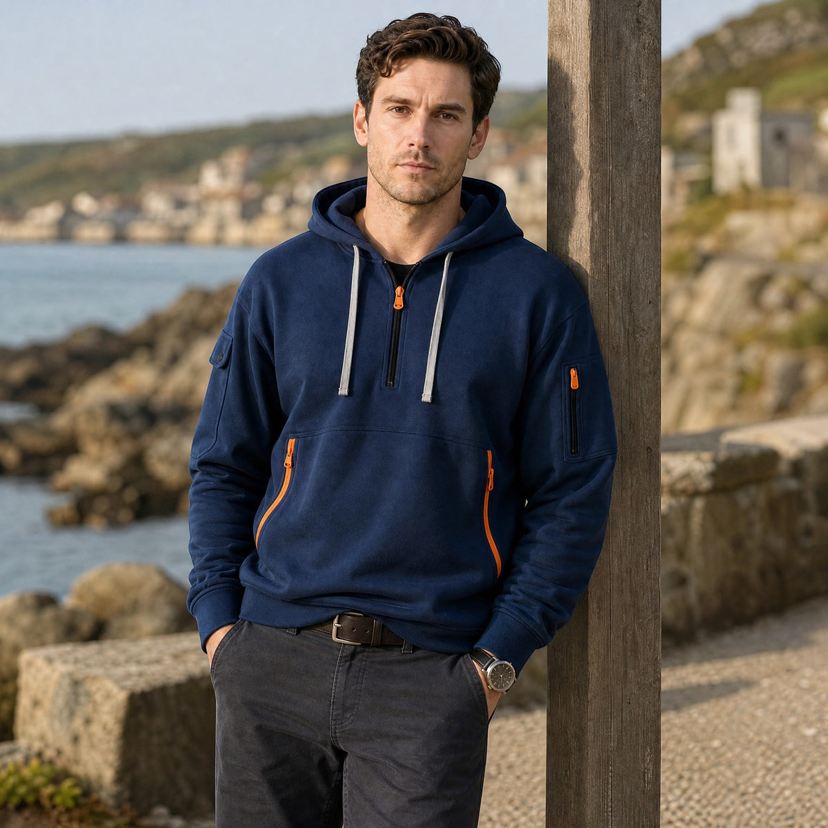 Men's Zip Up Hoodie with Drawstring Hood and Front Pockets