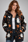 Product Title: Women's Halloween Knitted Cardigan – Ghost Pumpkin Print Hooded