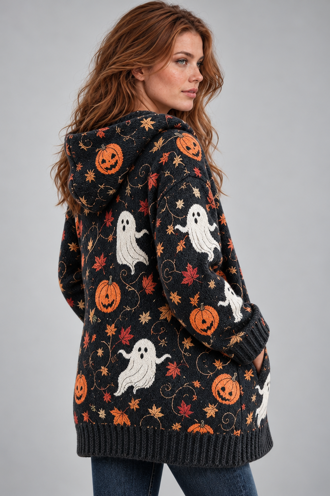 Product Title: Women's Halloween Knitted Cardigan – Ghost Pumpkin Print Hooded