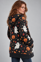 Product Title: Women's Halloween Knitted Cardigan – Ghost Pumpkin Print Hooded