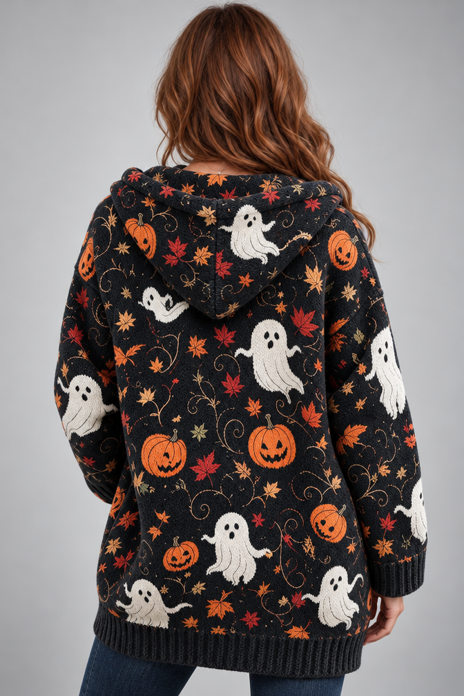 Product Title: Women's Halloween Knitted Cardigan – Ghost Pumpkin Print Hooded