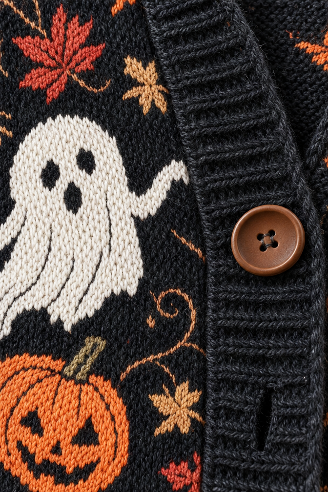 Product Title: Women's Halloween Knitted Cardigan – Ghost Pumpkin Print Hooded
