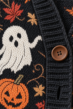 Product Title: Women's Halloween Knitted Cardigan – Ghost Pumpkin Print Hooded