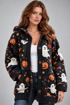 Product Title: Women's Halloween Knitted Cardigan – Ghost Pumpkin Print Hooded