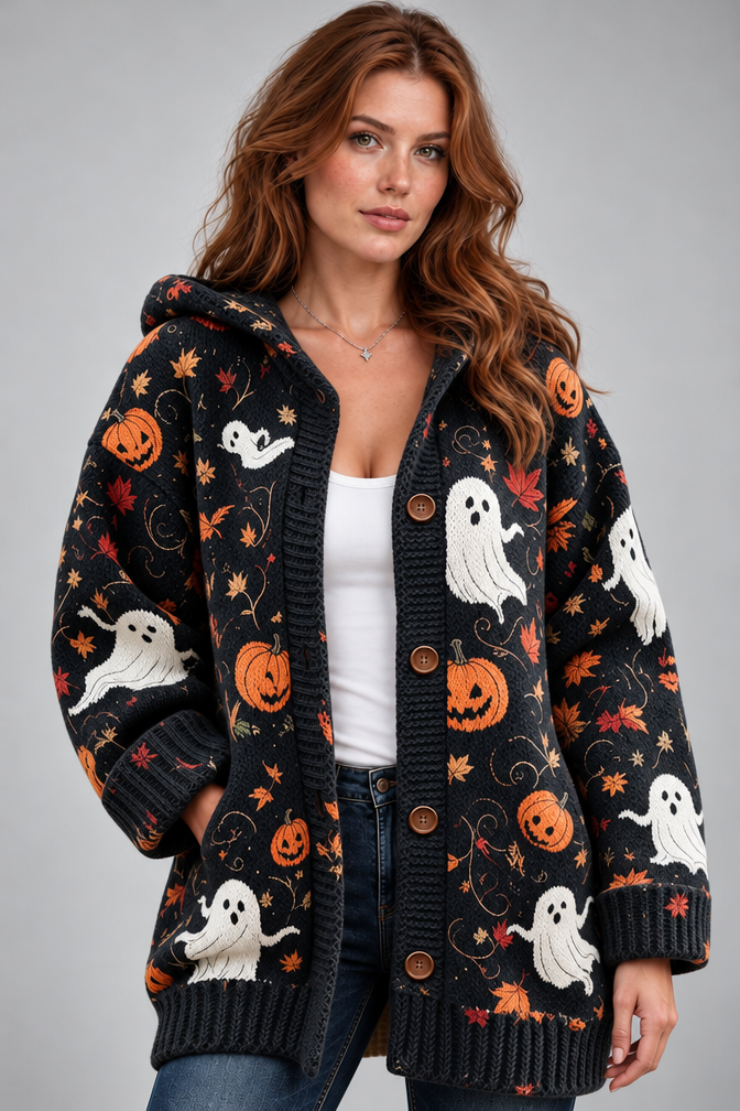 Product Title: Women's Halloween Knitted Cardigan – Ghost Pumpkin Print Hooded