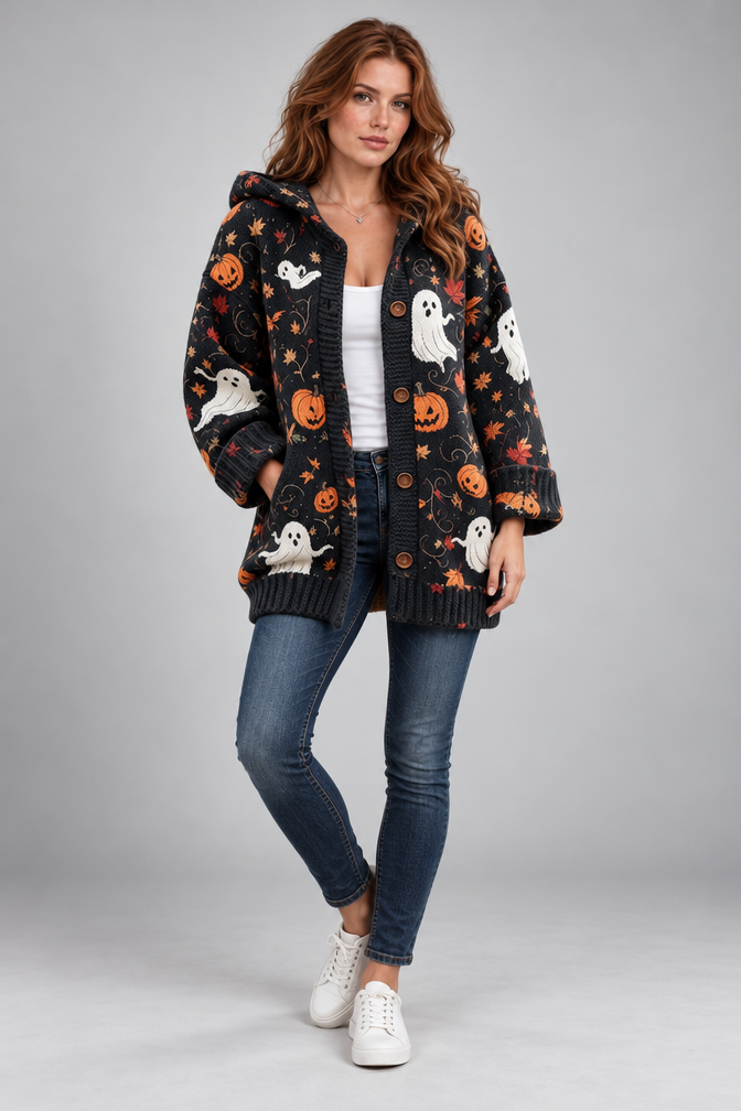 Product Title: Women's Halloween Knitted Cardigan – Ghost Pumpkin Print Hooded