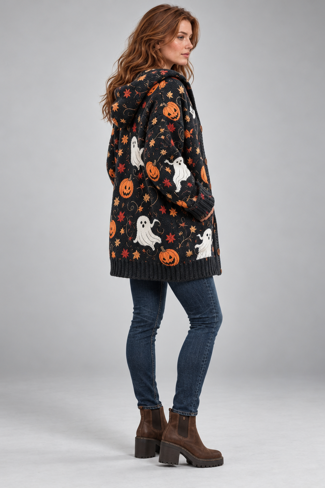 Product Title: Women's Halloween Knitted Cardigan – Ghost Pumpkin Print Hooded