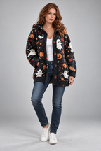 Product Title: Women's Halloween Knitted Cardigan – Ghost Pumpkin Print Hooded
