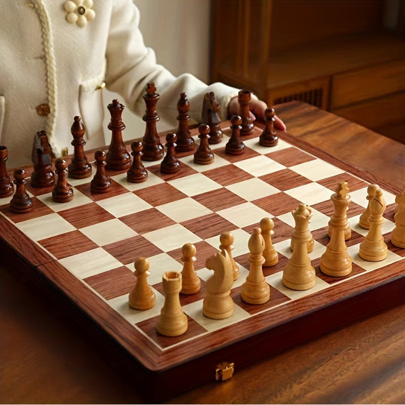 Wooden Chess Set – 39 x 39 cm Solid Wood Folding Chess Board with Storage & 32 Chess Pieces