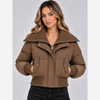 Women's Cropped Puffer Jacket – Ribbed Knit Collar Relaxed Fit