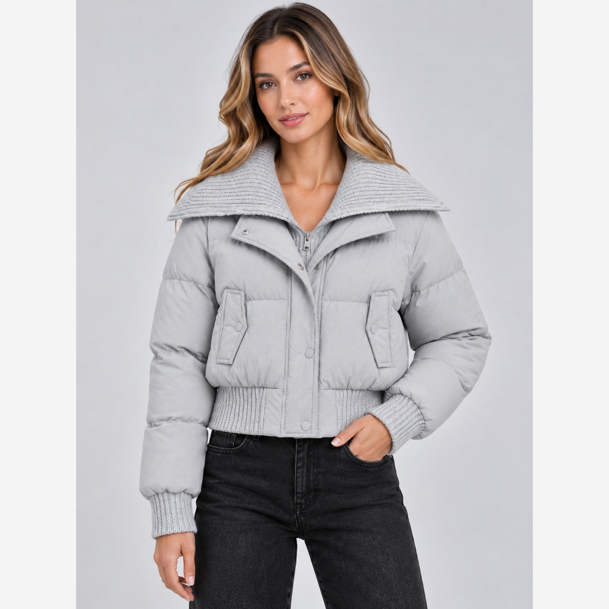 Women's Cropped Puffer Jacket – Ribbed Knit Collar Relaxed Fit