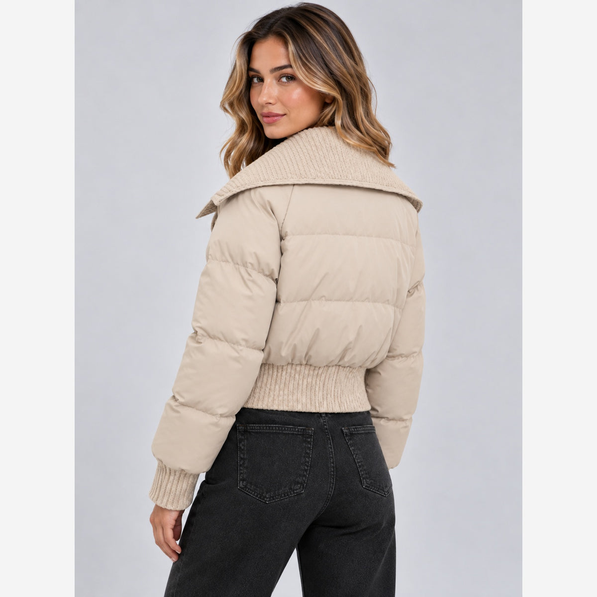 Women's Cropped Puffer Jacket – Ribbed Knit Collar Relaxed Fit