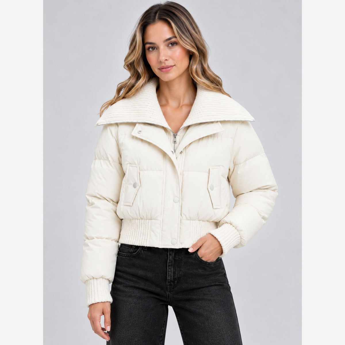 Women's Cropped Puffer Jacket – Ribbed Knit Collar Relaxed Fit