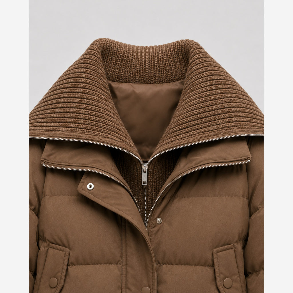 Women's Cropped Puffer Jacket – Ribbed Knit Collar Relaxed Fit