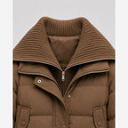 Women's Cropped Puffer Jacket – Ribbed Knit Collar Relaxed Fit