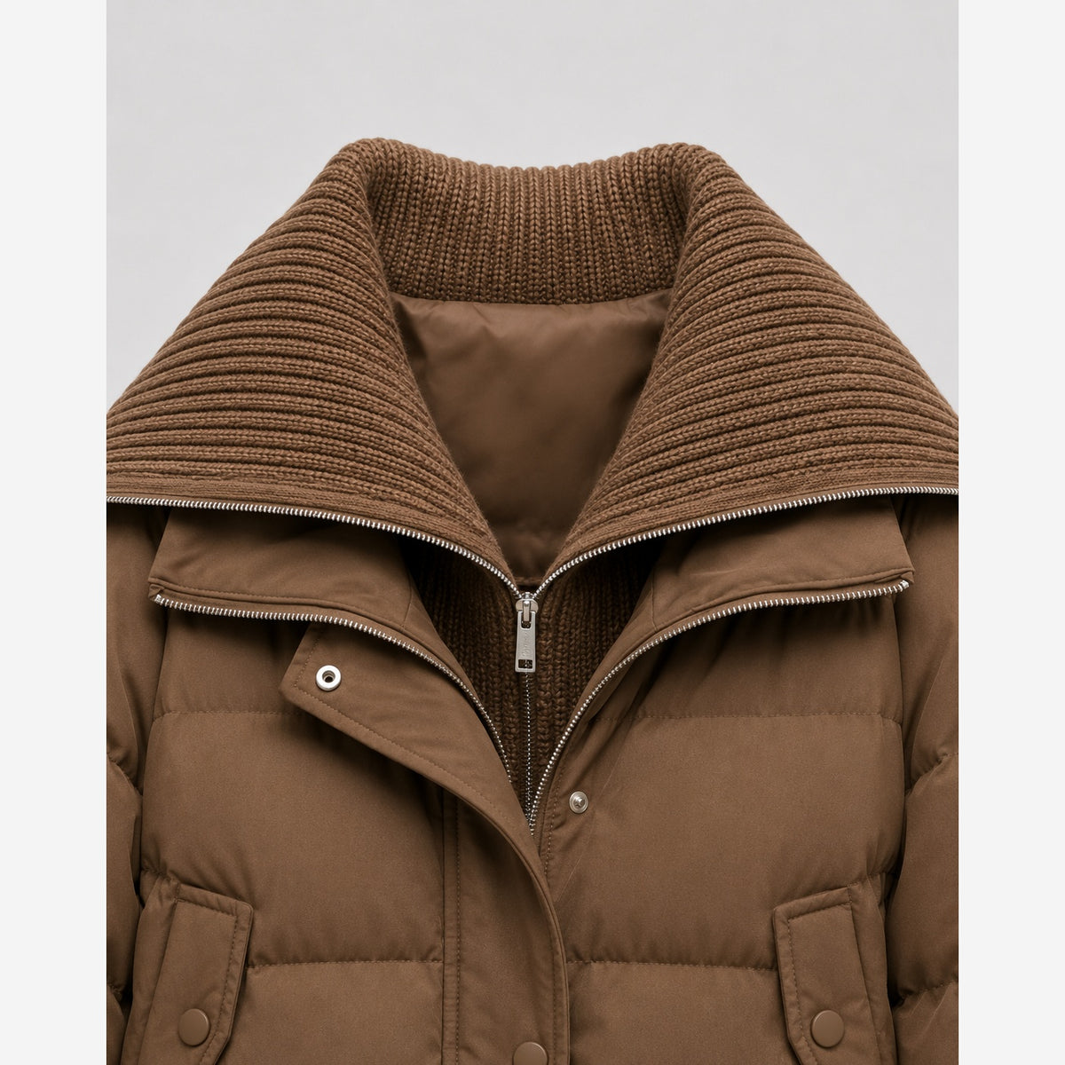 Women's Cropped Puffer Jacket – Ribbed Knit Collar Relaxed Fit