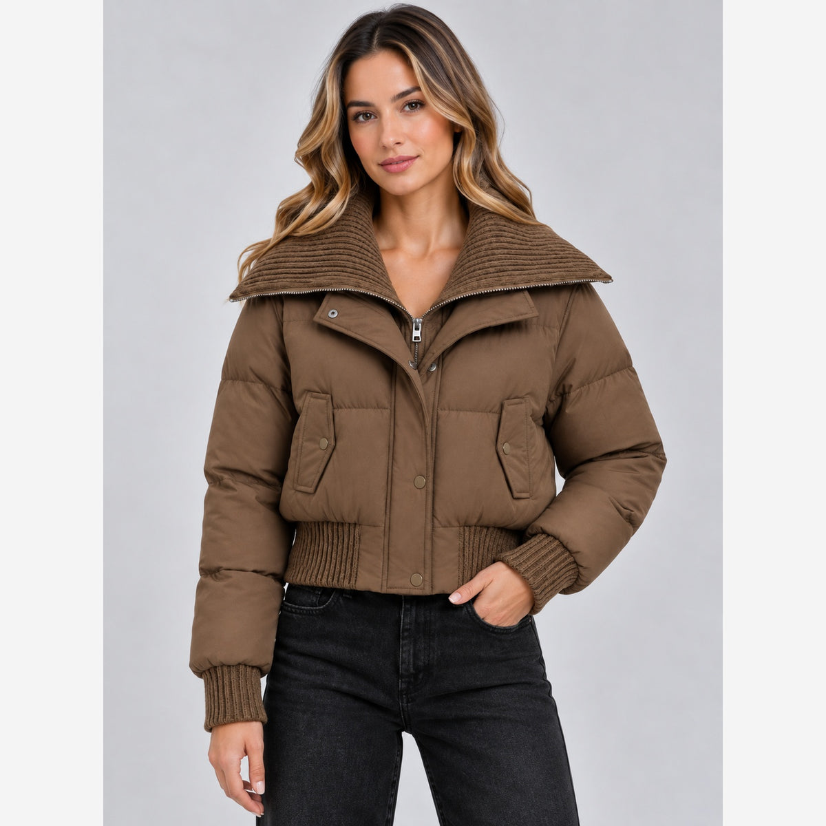 Women's Cropped Puffer Jacket – Ribbed Knit Collar Relaxed Fit