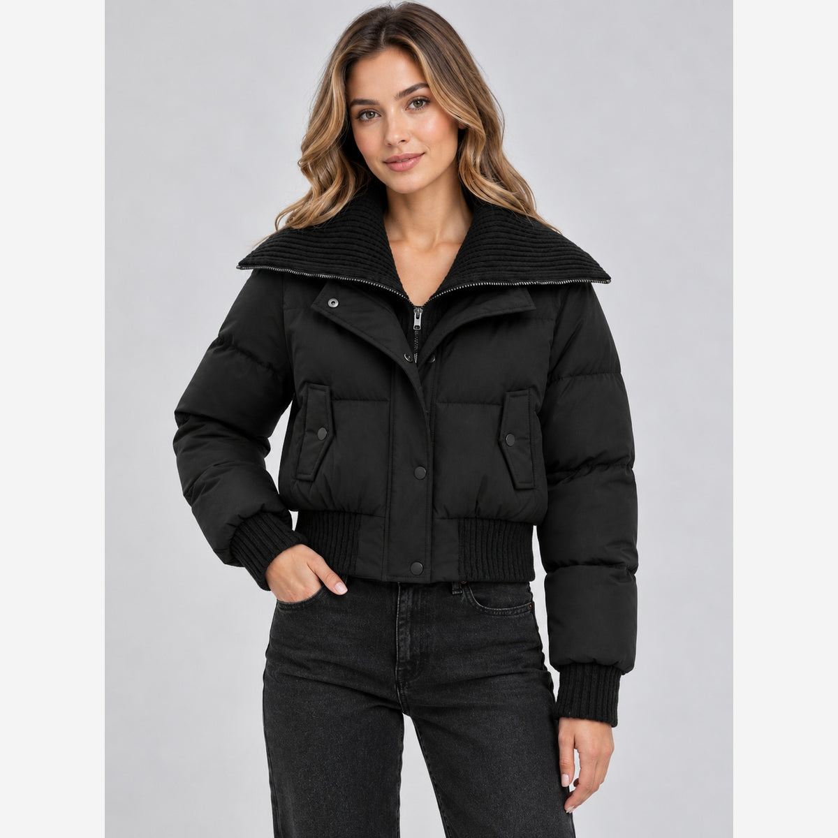 Women's Cropped Puffer Jacket – Ribbed Knit Collar Relaxed Fit