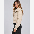 Women's Cropped Puffer Jacket – Ribbed Knit Collar Relaxed Fit