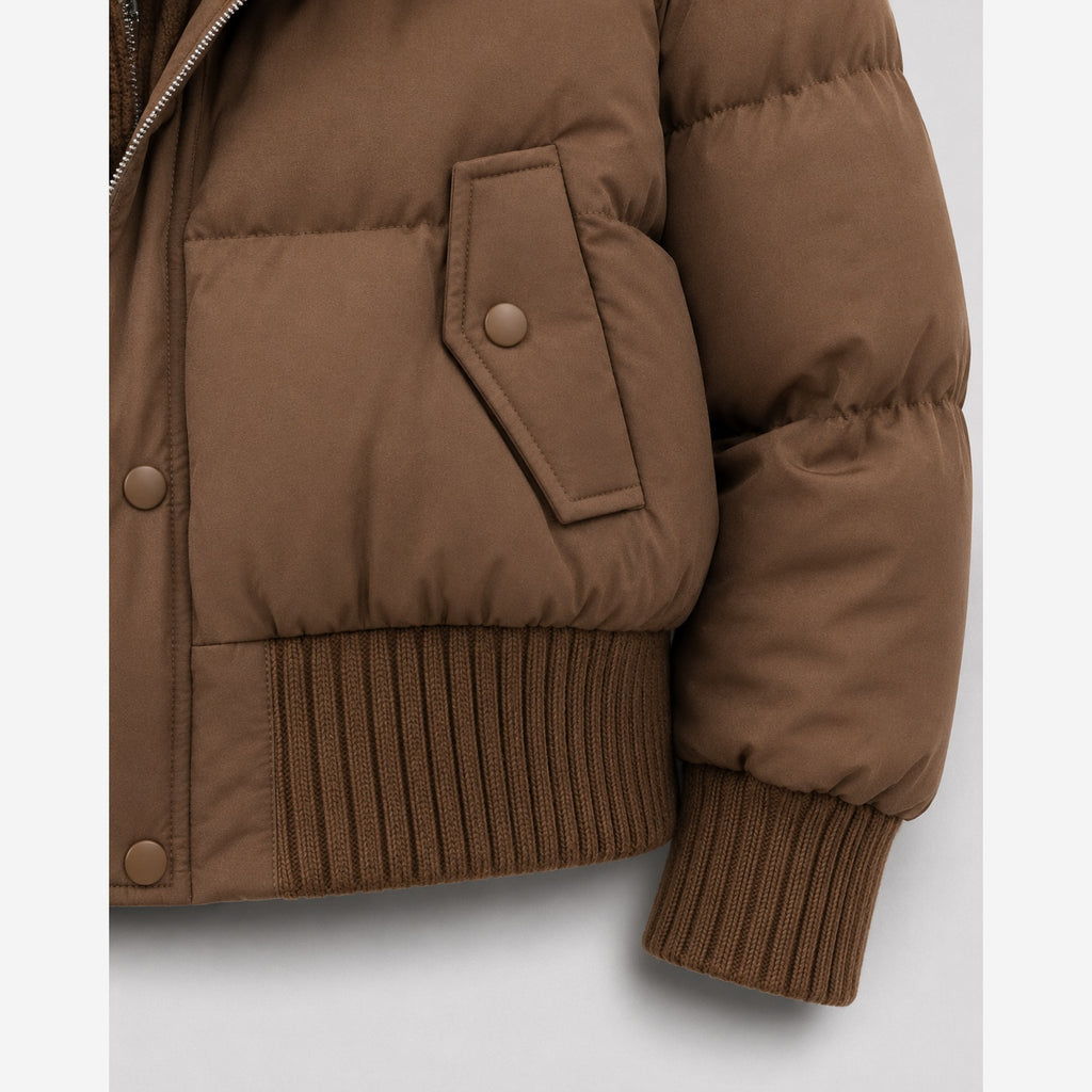 Women's Cropped Puffer Jacket – Ribbed Knit Collar Relaxed Fit