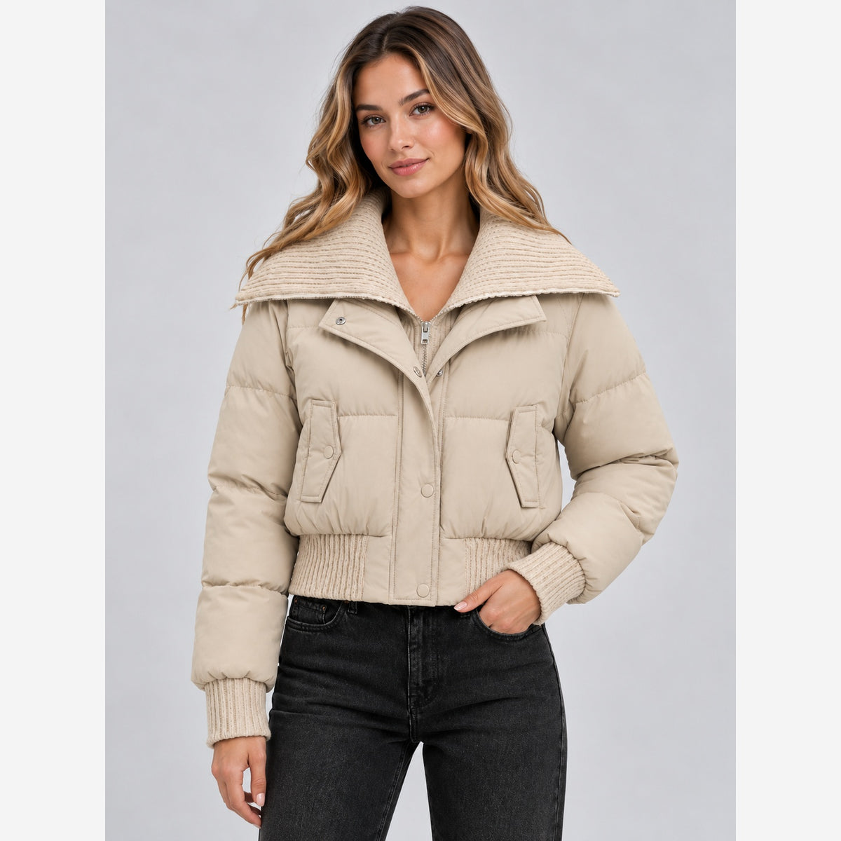 Women's Cropped Puffer Jacket – Ribbed Knit Collar Relaxed Fit