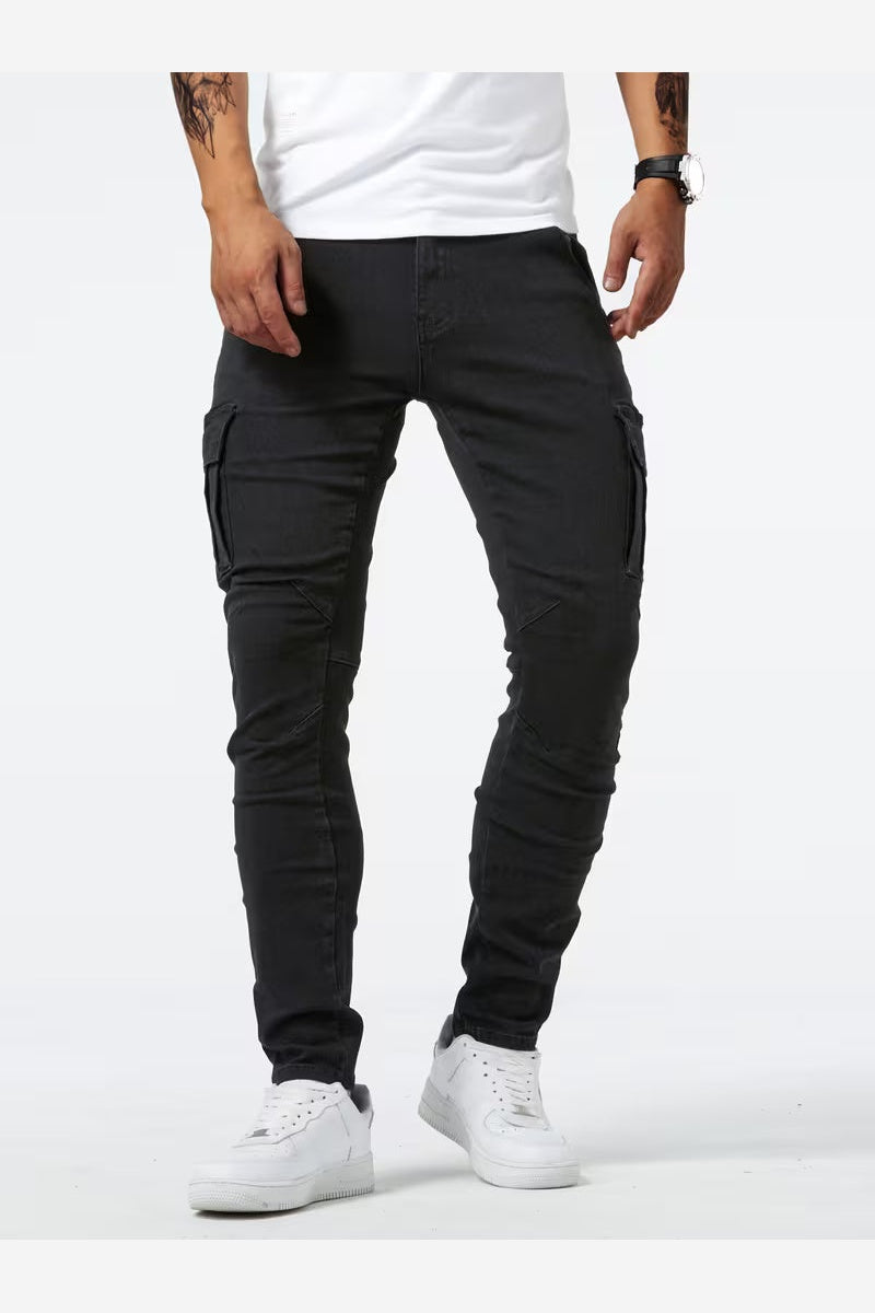 Men's Stretch Denim Cargo Trousers – Slim Fit Multi Pocket