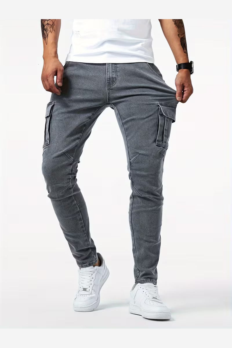 Men's Stretch Denim Cargo Trousers – Slim Fit Multi Pocket