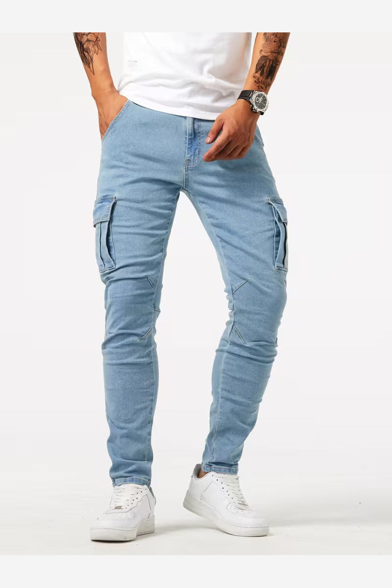Men's Stretch Denim Cargo Trousers – Slim Fit Multi Pocket